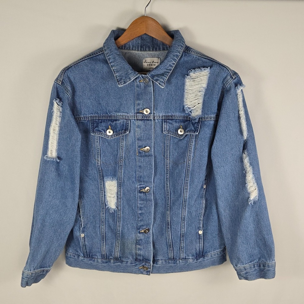 Love Tree Womens Denim Jacket Large Distressed‎ Trucker Grunge Y2K Jean Blue L